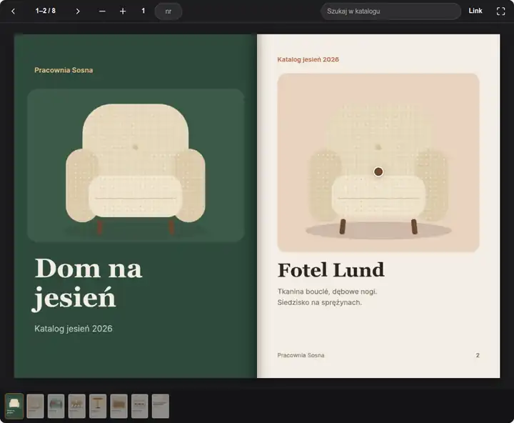 Animacja: katalog mebli w sklepie, przewrócenie okładki na rozkładówkę z fotelem i sofą, a potem karta sofy Fjord z ceną promocyjną i przyciskiem Do koszyka.