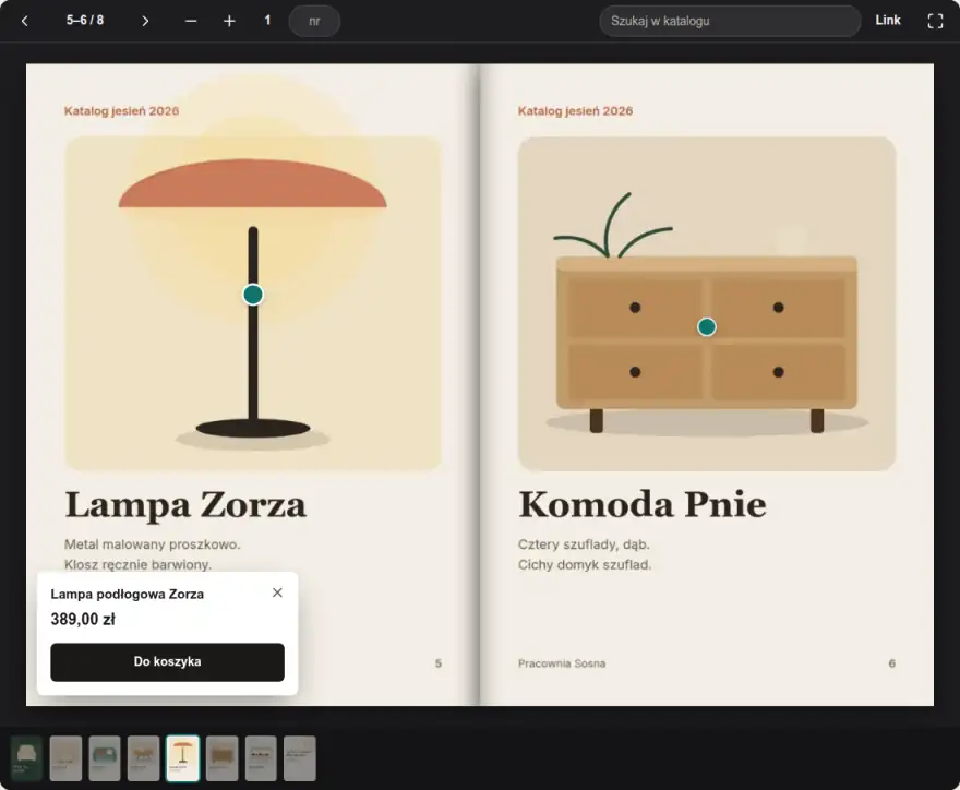 Karta lampy Zorza z łagodnymi narożnikami i turkusową kropką.