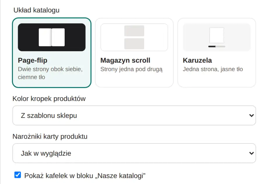 Panel, ustawienia wyglądu: trzy karty układu Page-flip, Magazyn scroll i Karuzela, wybór koloru kropek i narożników karty.