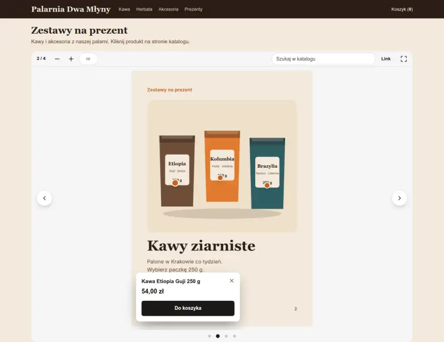 Sklep Palarnia Dwa Młyny: strona katalogu z trzema paczkami kawy i kropkami produktów w układzie Karuzela.