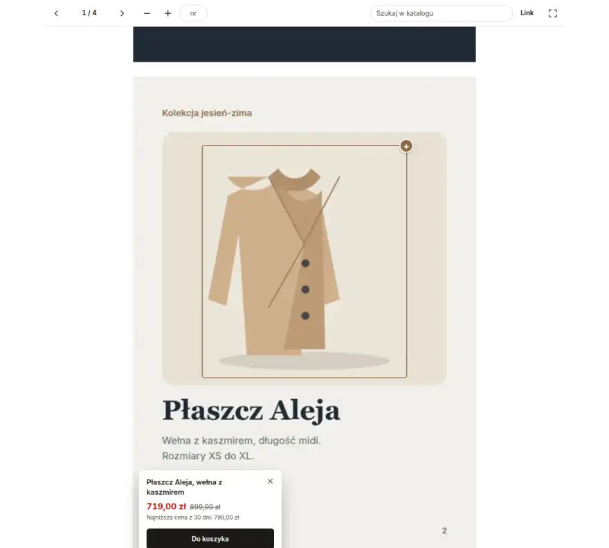Strona sklepu Nordic Wear: lookbook w układzie Magazyn scroll, prostokąt zaznaczający płaszcz Aleja i karta z ceną promocyjną.