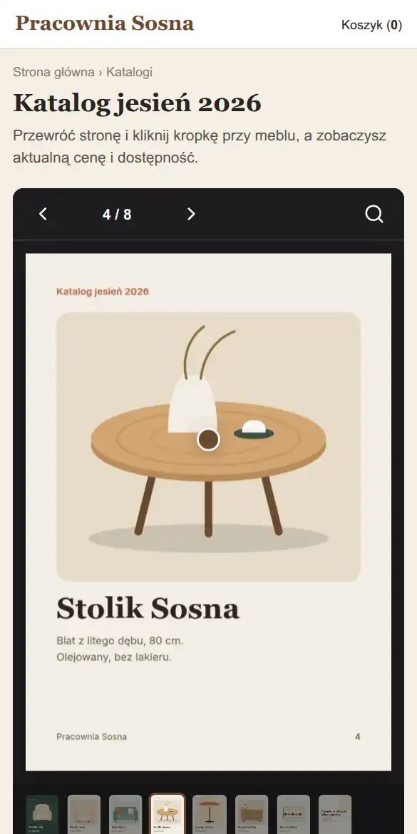 Telefon: jedna strona katalogu z lampą Zorza, pasek ze strzałkami, numerem strony i lupą.