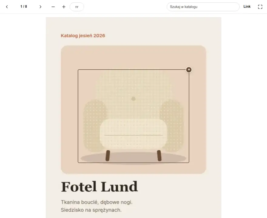 Układ Magazyn scroll: strona z fotelem Lund i prostokątem zaznaczającym produkt, pasek z numerem strony u góry.