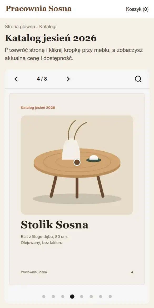 Telefon: układ Karuzela ze stronami katalogu i kropką produktu.